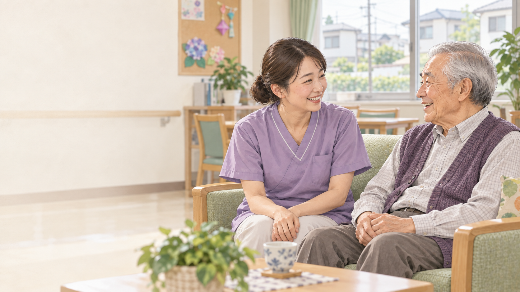 地域の福祉施設で40歳前後の支援者とご高齢の男性が語らうイメージイラスト