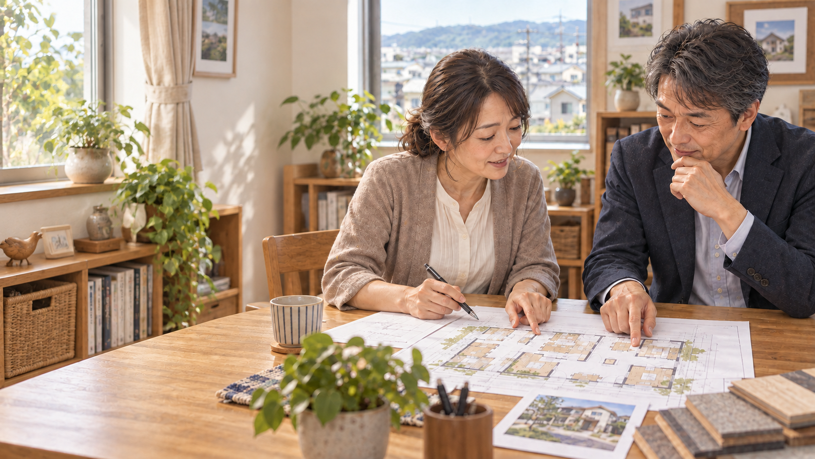 50歳前後の2人が家庭的な相談室で福祉の事業づくりについて話し合うイメージイラスト