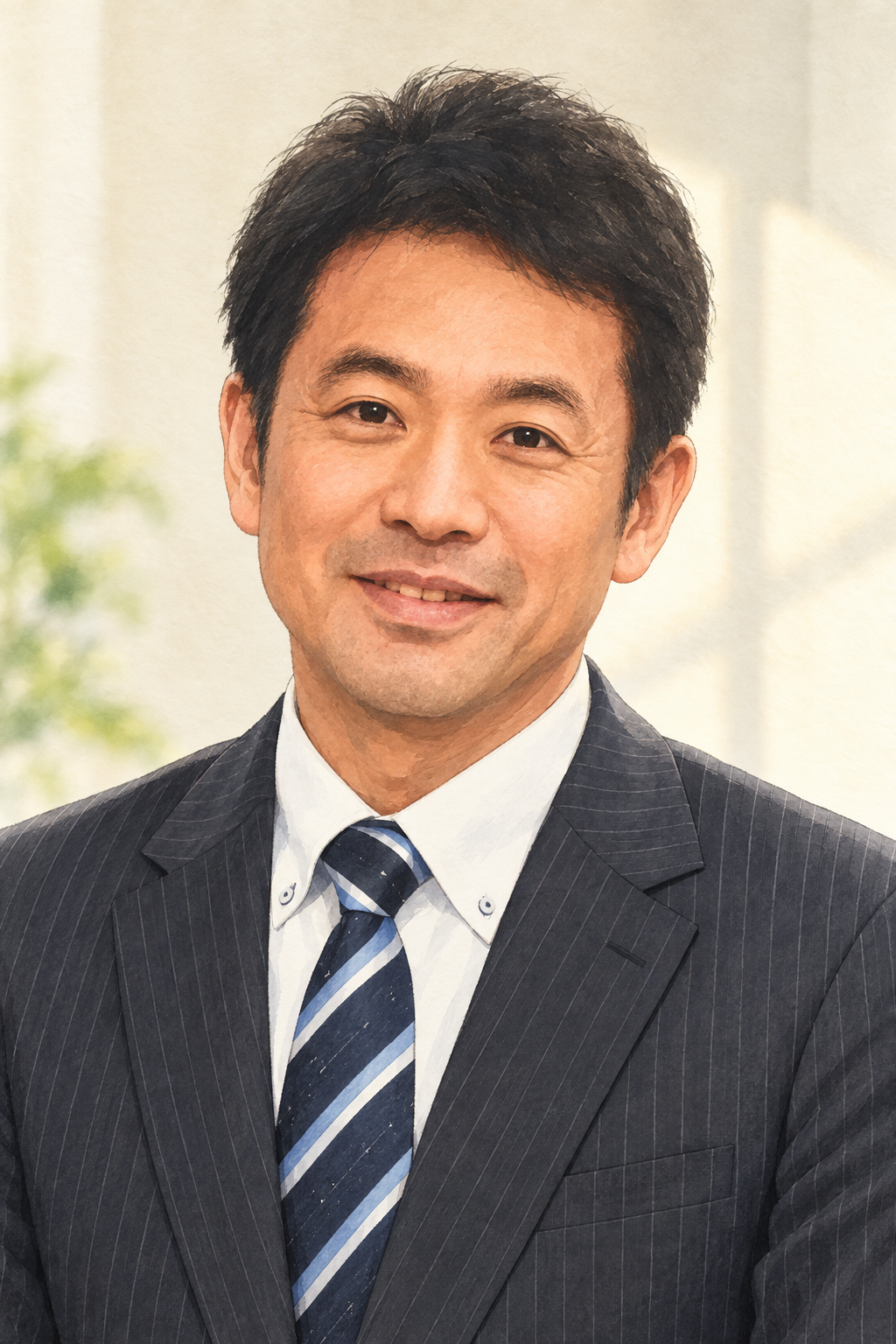 若曽根智仁さんの提供写真をもとにしたスーツ姿のイラスト